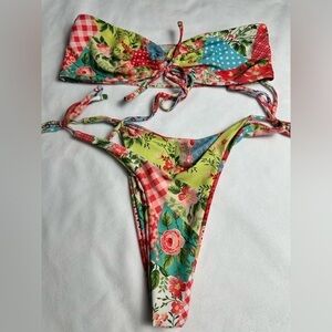 COPY - Adorable quilt print Brazilian cut bikini with strapless bandeau top